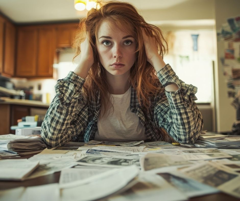 woman at kitchen table surrounded by papers