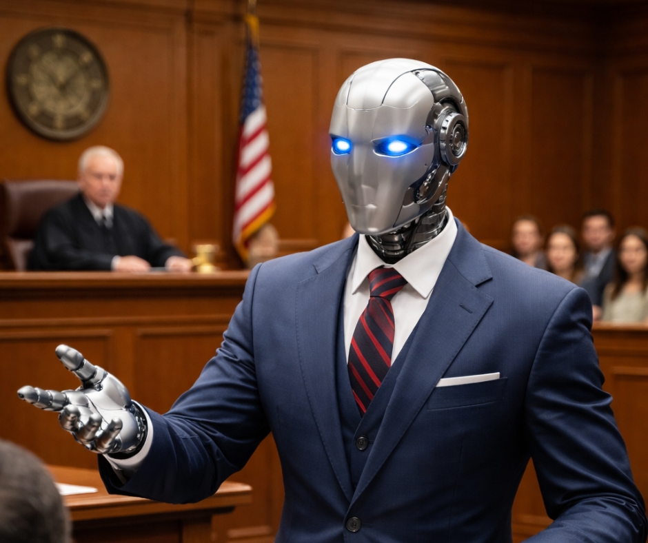 robot dressed in suit argues court case